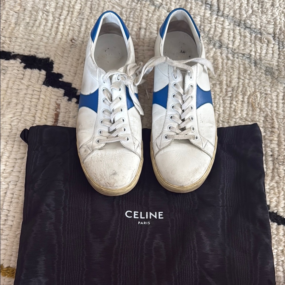 Celine White and Blue Leather Sneakers Triomphe